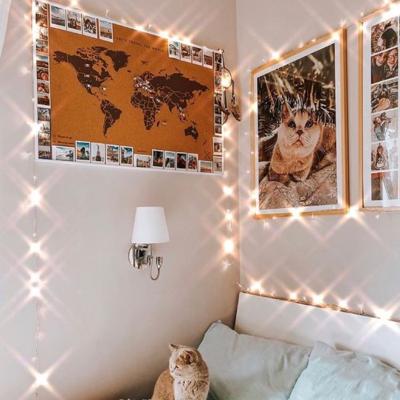 habitación de chicha decorada con mapa del mundo y luces